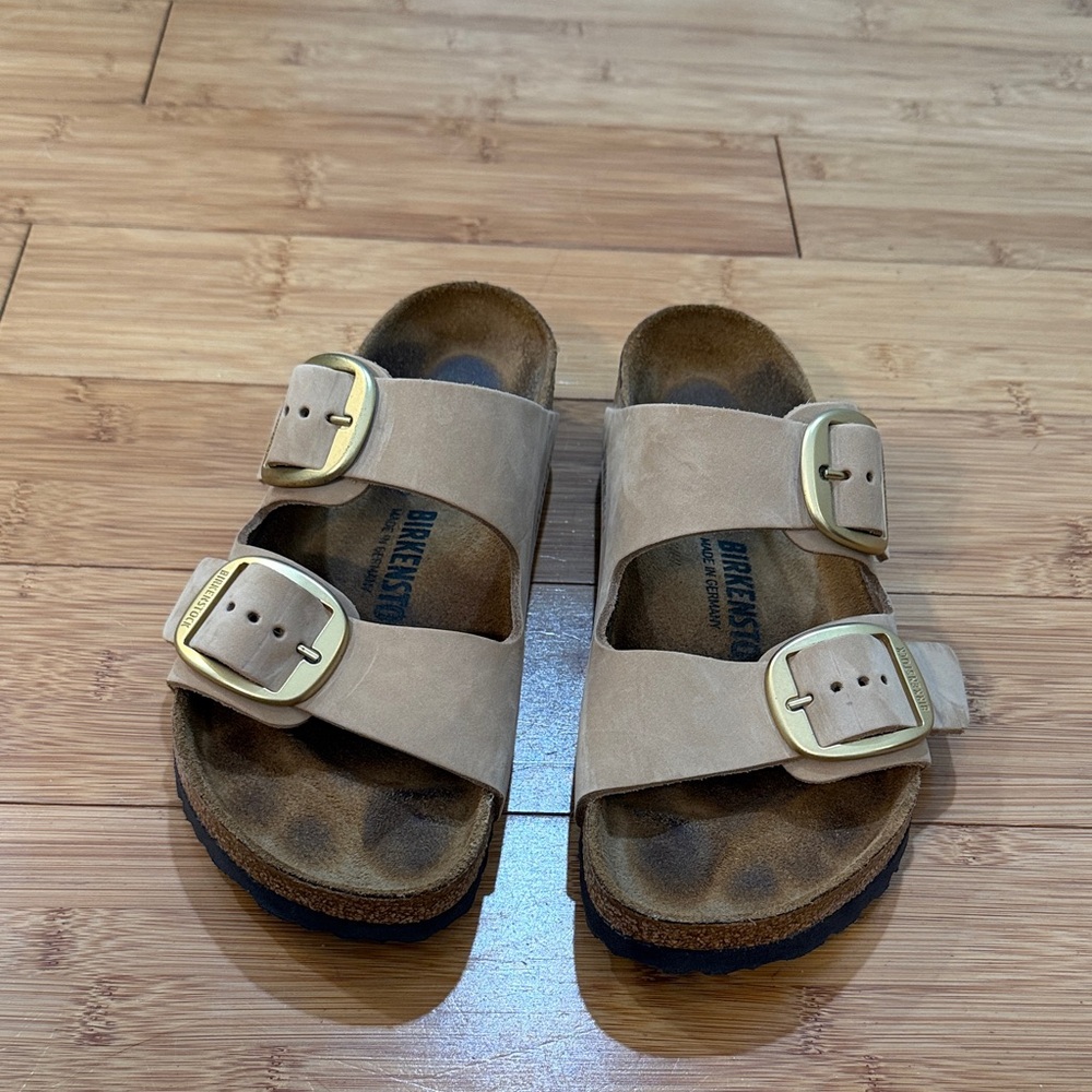 Birkenstock Arizona Tan Sandals with Gold Buckles